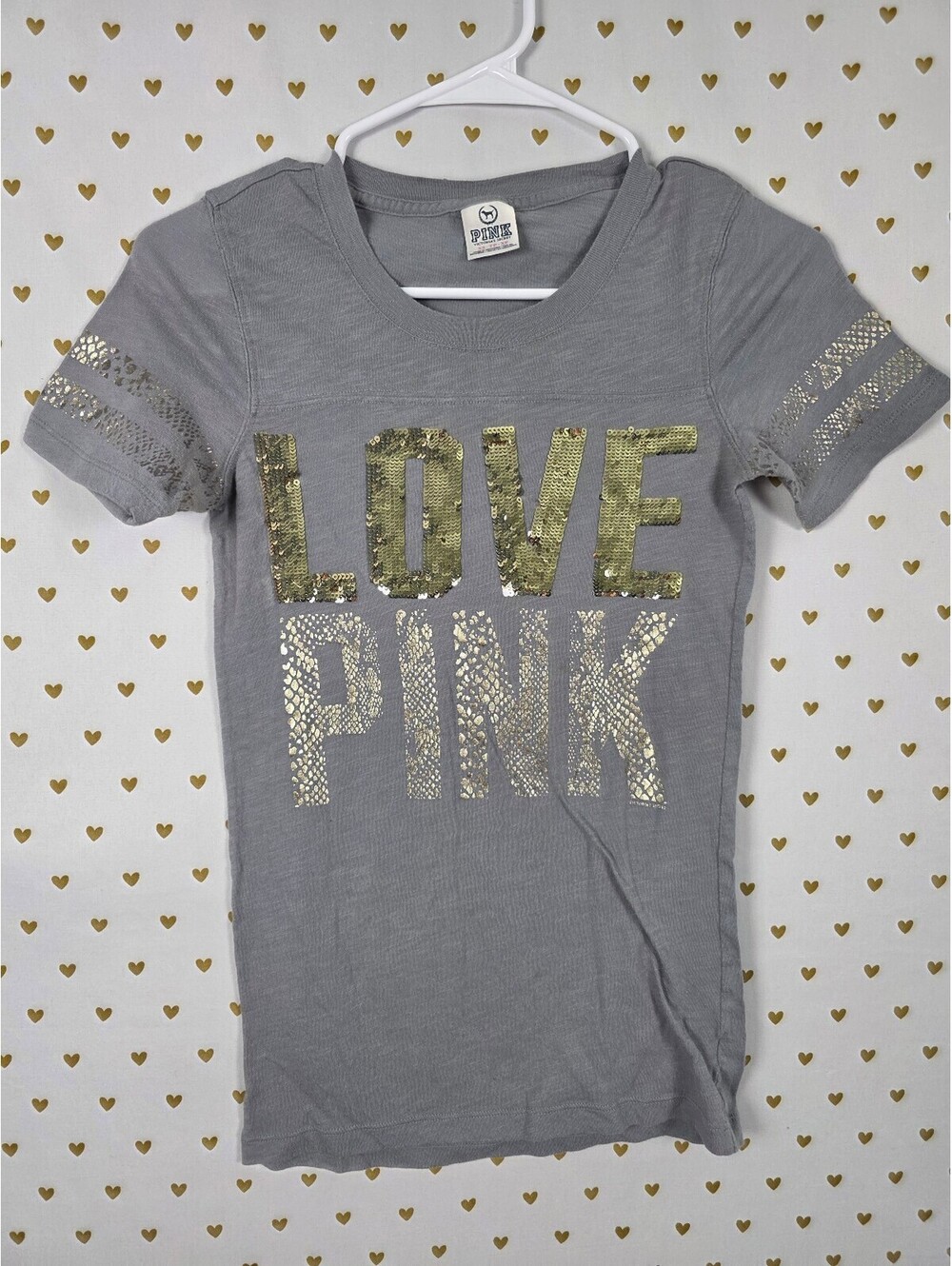 Victorias Secret PINK Vintage Grey Y2k BLING GOld Sequin Animal Print tee shirt